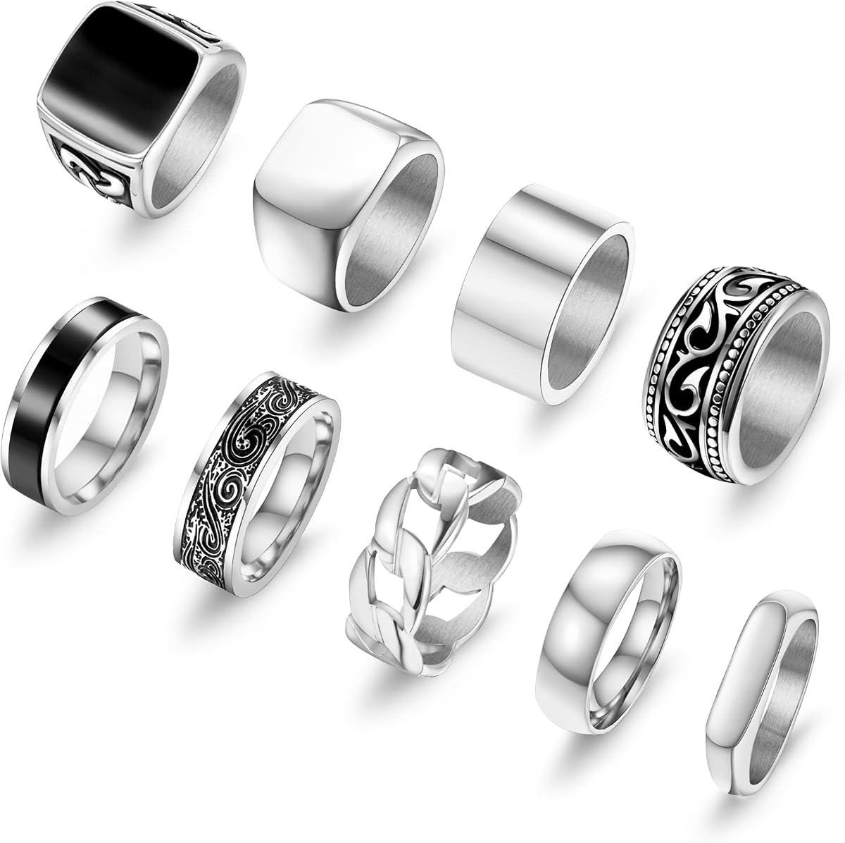 FEYIR 9 Pcs Men's Stainless Steel Vintage Signet Ring Square Pinky Thumb Chunky Thin Band Cuban Link Ring Biker Rings Set for Men