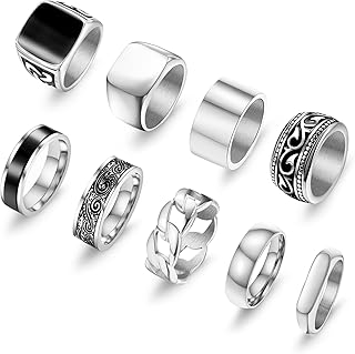 9 Pcs Men's Stainless Steel Vintage Signet Ring Set: Square, Pinky, Thumb, Chunky, Thin Band, Cuban Link, Biker Rings for Men