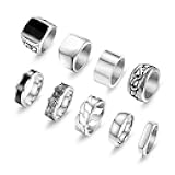FEYIR 9 Pcs Men's Stainless Steel Vintage Signet Ring Set: Square, Pinky, Thumb, Chunky, Thin Band, Cuban Link, Biker Rings for Men