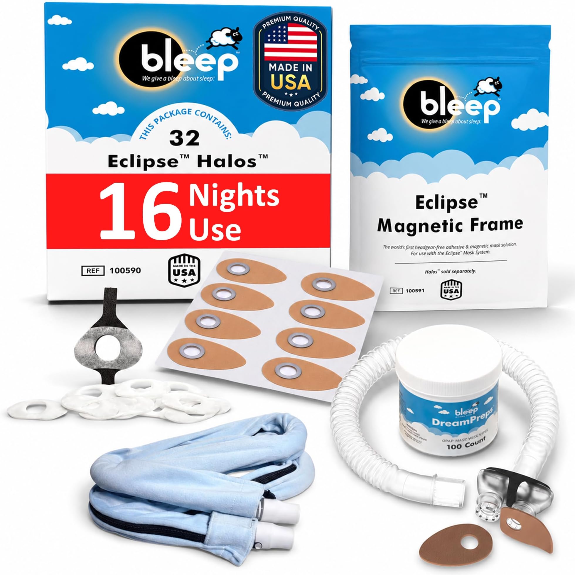 All-in-One CPAP Starter Pack by Bleep - Best CPAP Accessories Kit with Eclipse Mask, Halos, DreamPreps, Hose & Tube - Sleep Apnea Nose Mask for BiPAP Users - Therapy Kit and Supplies for Travel