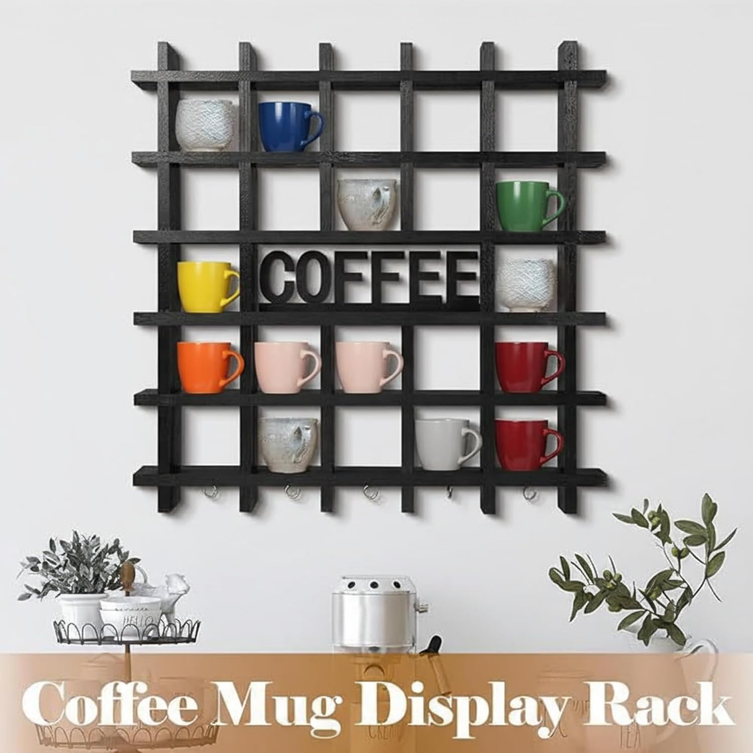 Suzile Oversize Coffee Mug Display Rack Wood Mug Display Shelf With Hooks Coffee Sign Decor up to 32 mugs for Kitchen Station Bar Living Room Accessories(Black)