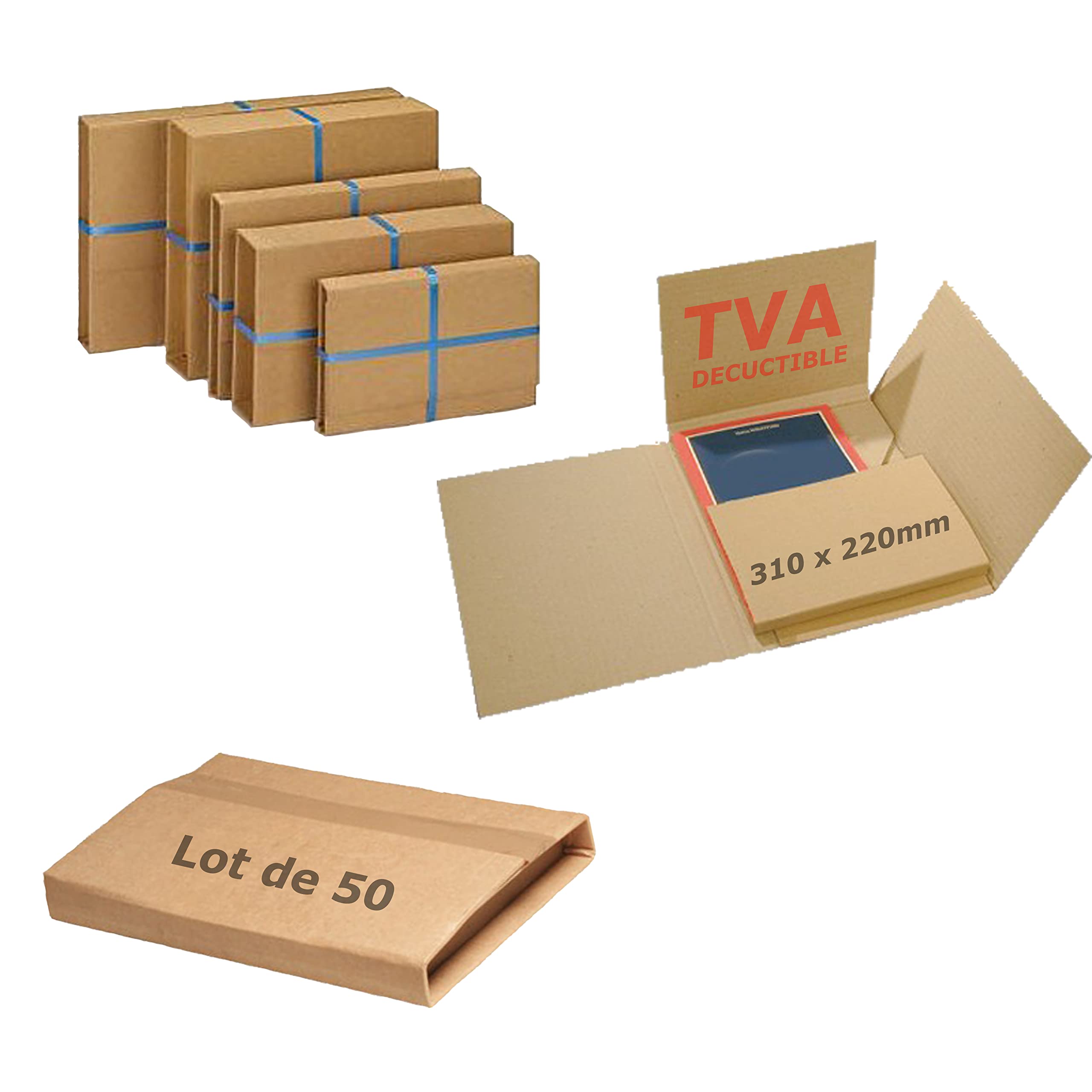 JECO - Lot de 50 étuis croix d'expédition carton brun 310×220mm boite pliante format lettre épaisseur variable 10 à 60 mm pour livre cadre tablette photo
