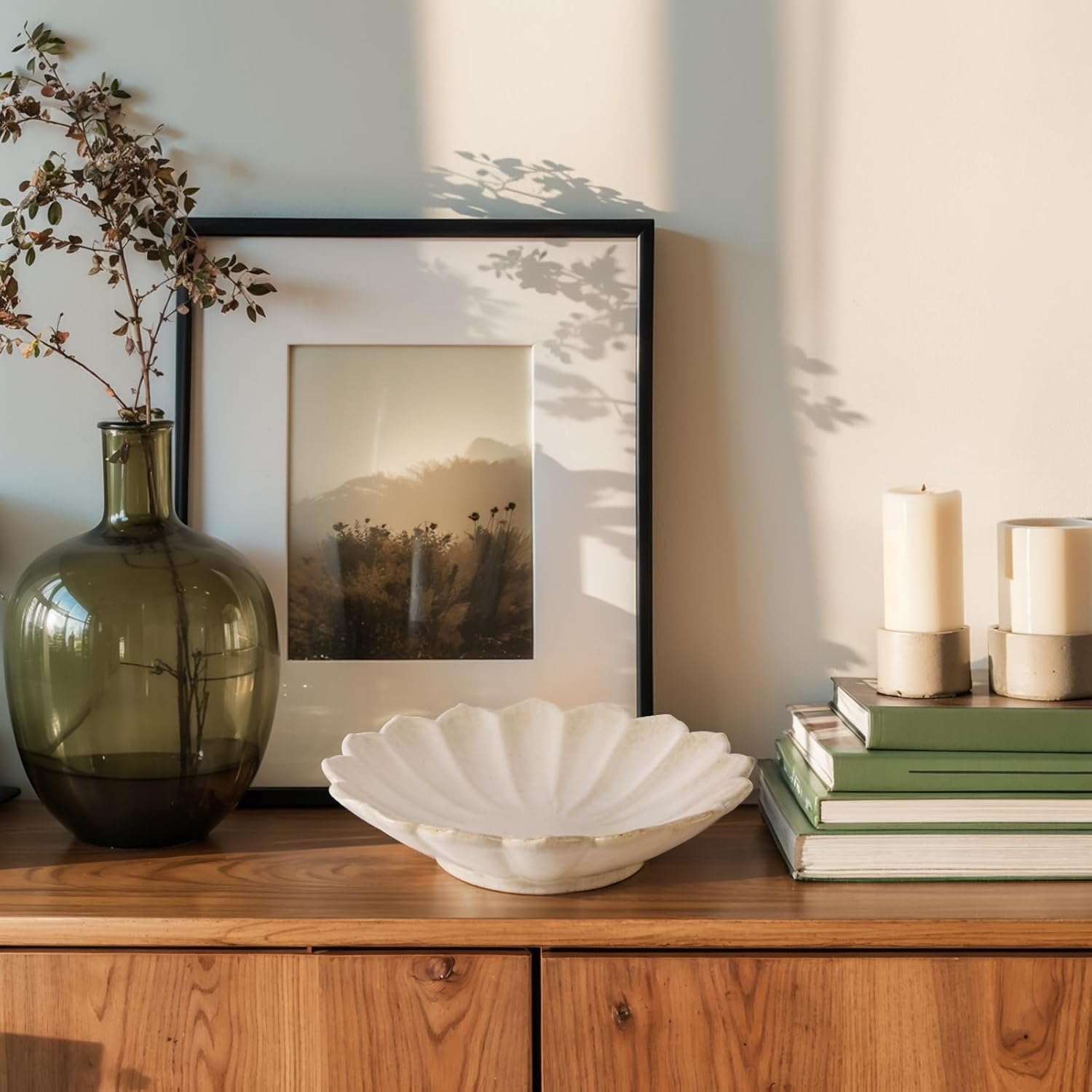 7.9" White Ceramic Flower Shaped Decorative Bowl, Elegant Ruffled Edge Centerpiece Bowl for Kitchen Counter, Dining Table or Coffee Table, Modern Fruit Bowl for Home Decor, Ideal Housewarming Gift