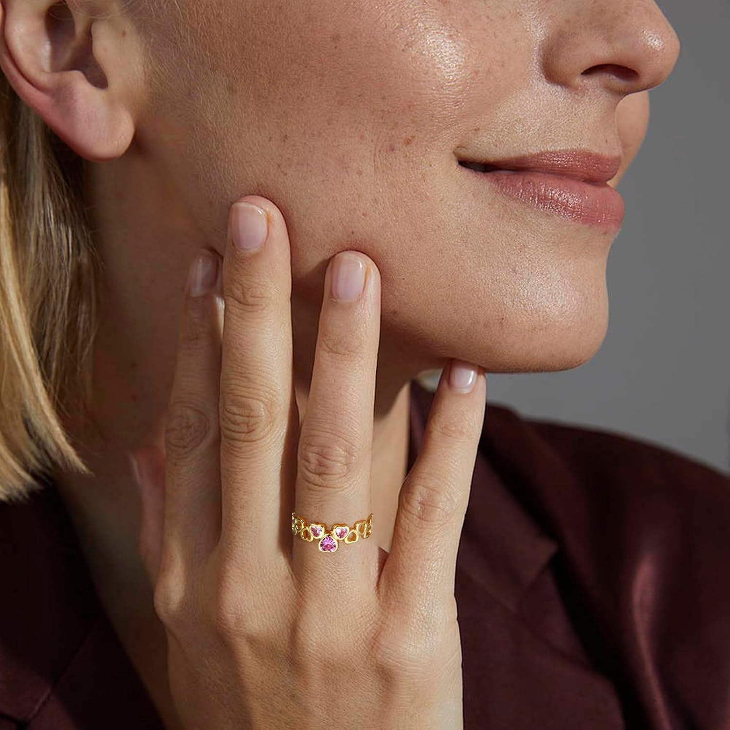 18K Gold Love Ring for Women - Sterling Silver Pink Heart Band Promise Ring Engagement Wedding Anniversary Jewelry Gift - Image 3