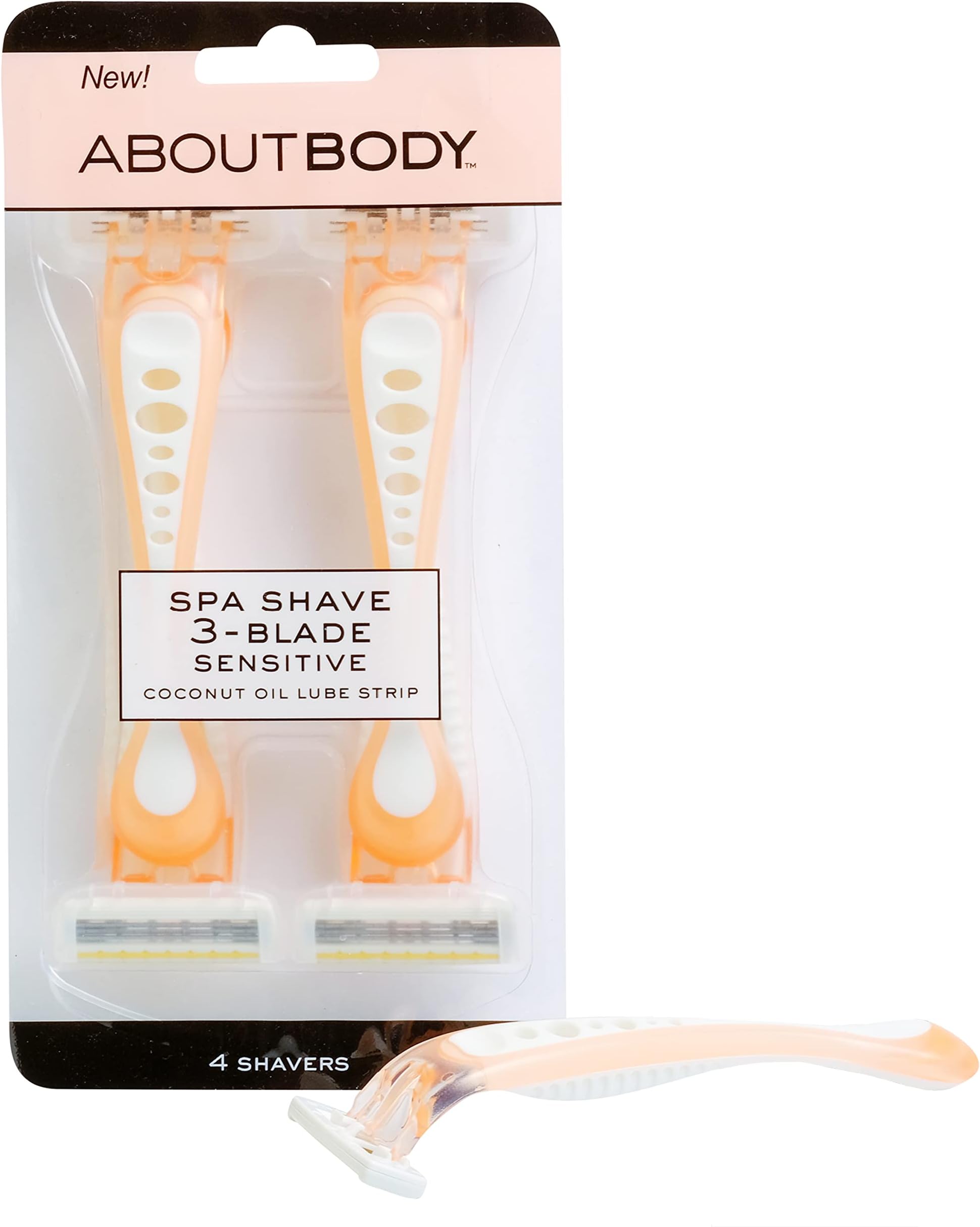 About Beauty Spa Shave 3 Blade Disposable Razors, Includes 4 Disposable Razors, Skin-Soothing Coconut Oil Moisture Pad Gently Glides Along Skin, Ergonomic Cushion Grip Handle