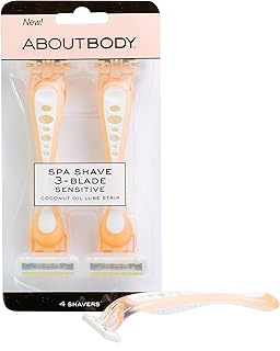 About Beauty Spa Shave 3 Blade Disposable Razors, Includes 4 Disposable Razors, Skin-Soothing Coconut Oil Moisture Pad Gently Glides Along Skin, Ergonomic Cushion Grip Handle