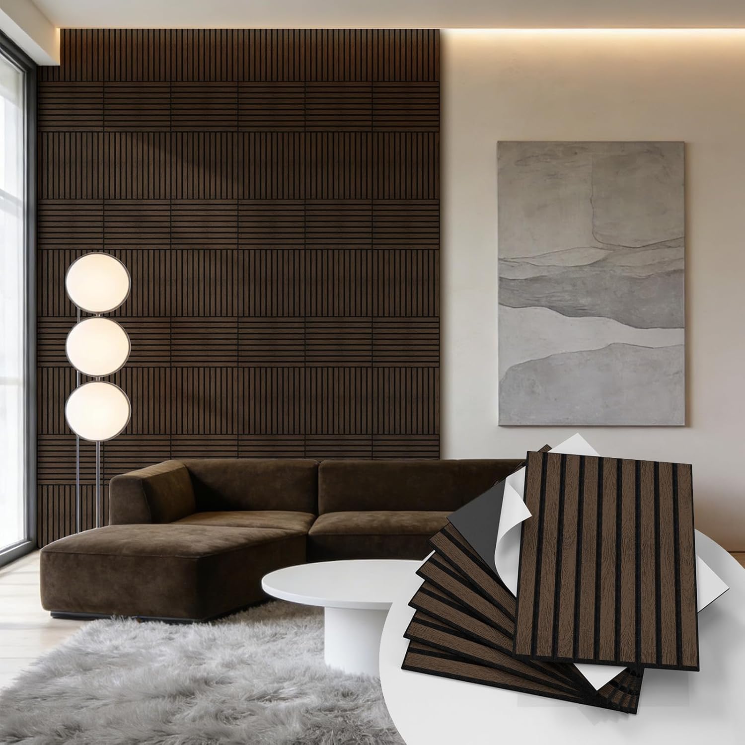 WADILE Peel and Stick Wood Slat Wall Panels 11.8" x 15.7" Decorative Acoustic Panels, Soundproof PVC Slatted Wall Panels for Living Room Bedroom Accent Wall, 8 Pack