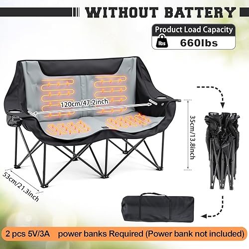 Miniatura 2 de Sofá de dos plazas bajo con calefacción doble para 2 personas, sofá de campamento de gran tamaño para 2 personas, sofá biplaza plegable totalmente