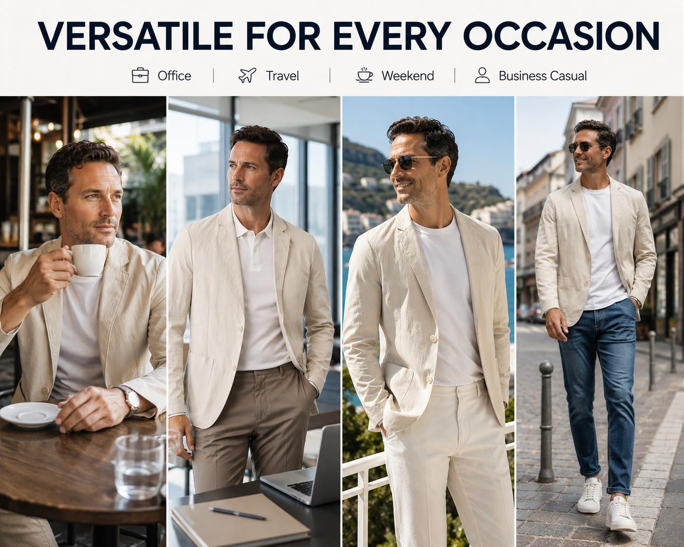 Genérico Blazer Casual Elegante para Hombre, Mezcla De Algodón, Sin Planchado, Corte Regular, Ligero, Deportivo, para Verano, Resistente A Las Arrugas, Ideal para Bodas, Negocios, Vacaciones Y Via