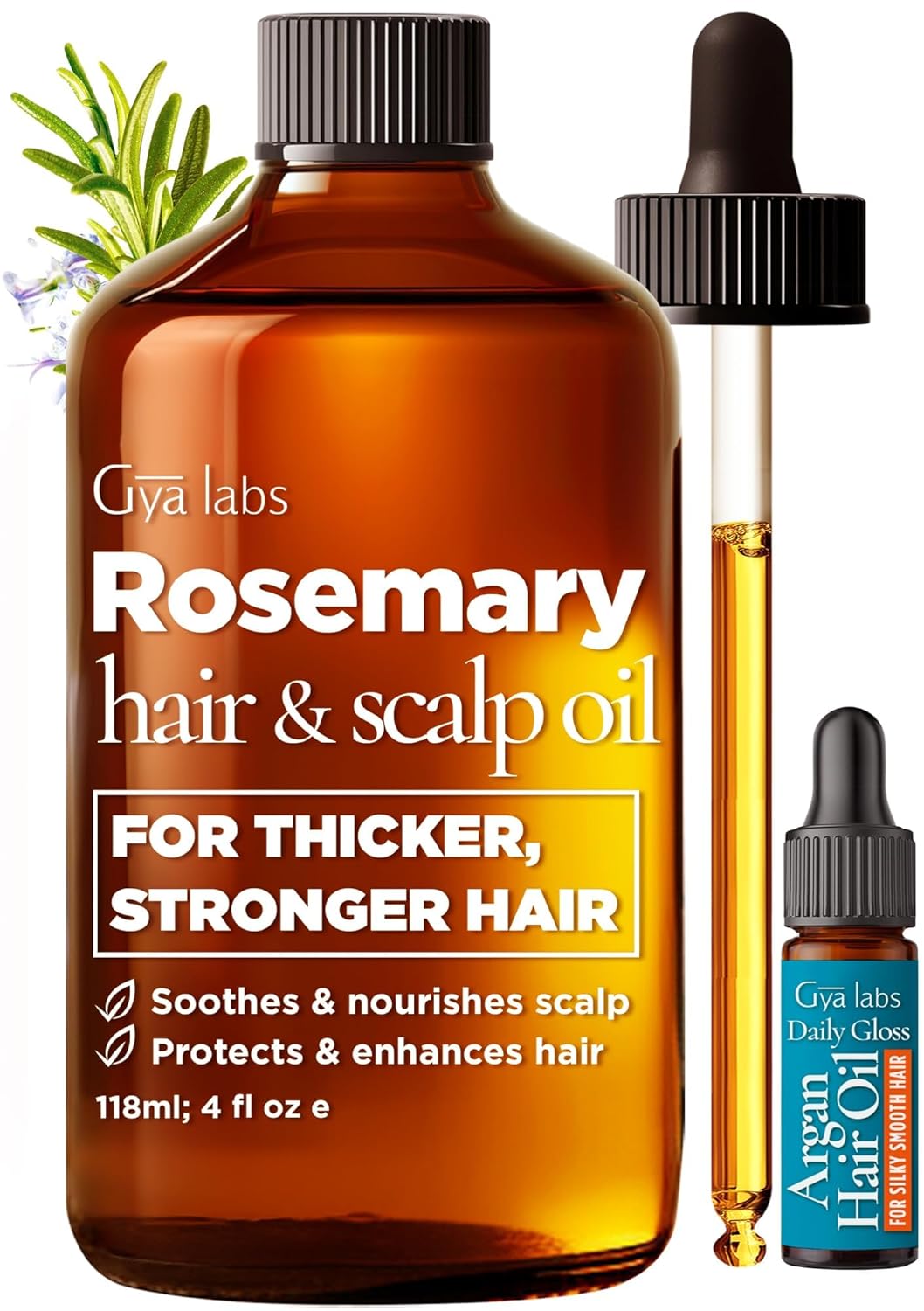 Gya Labs Rosemary & Castor Hair Growth & Styling Oil – 4 Fl Oz – Rosemary to Strengthen Hair – Protect & Tame Frizz, Dry Scalp – Hair & Scalp Hydration with 0.17 Fl Oz Deep Revival Argan Oil
