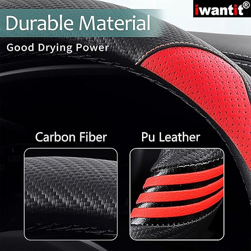 Miniatura 4 de Iwantit Funda para volante, fibra de carbono y piel sintética transpirable con anillo de goma antideslizante, protector de volante, ajuste universal