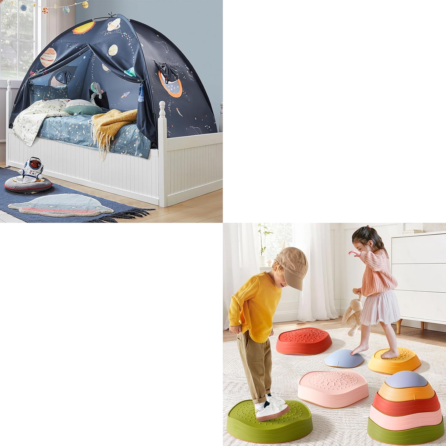 Stepping Stones for Kids, 5pcs Non-Slip Toddler Stepping Stones, Space Galaxy Bed Tent for Kids – Sleep Bed Canopy with 9 Planets Design – 77" x 40" x 46"