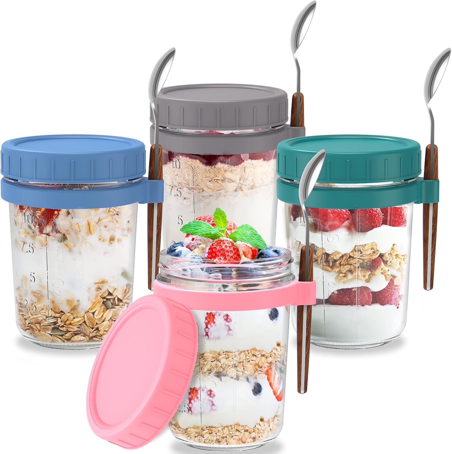 US 2Pcs/4Pcs Overnight Oats Container with Lid and Spoon 10oz Overnight Oats Jars Portable Oatmeal Cup Container Leakproof Overnight Oat Glass Cups Reusable Yogurt Container for Milk Cereal Office Hom