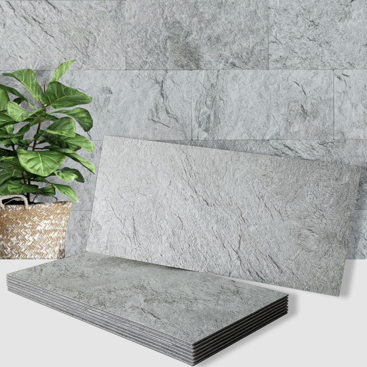 AULIGET 20-Piece Light Slate Peel and Stick Backsplash Wall Tiles, 6" x 12" PVC Faux Stone Stick on Tiles for Backsplash Kitchen, Bathroom, Laundry Room, Camper, Fireplace