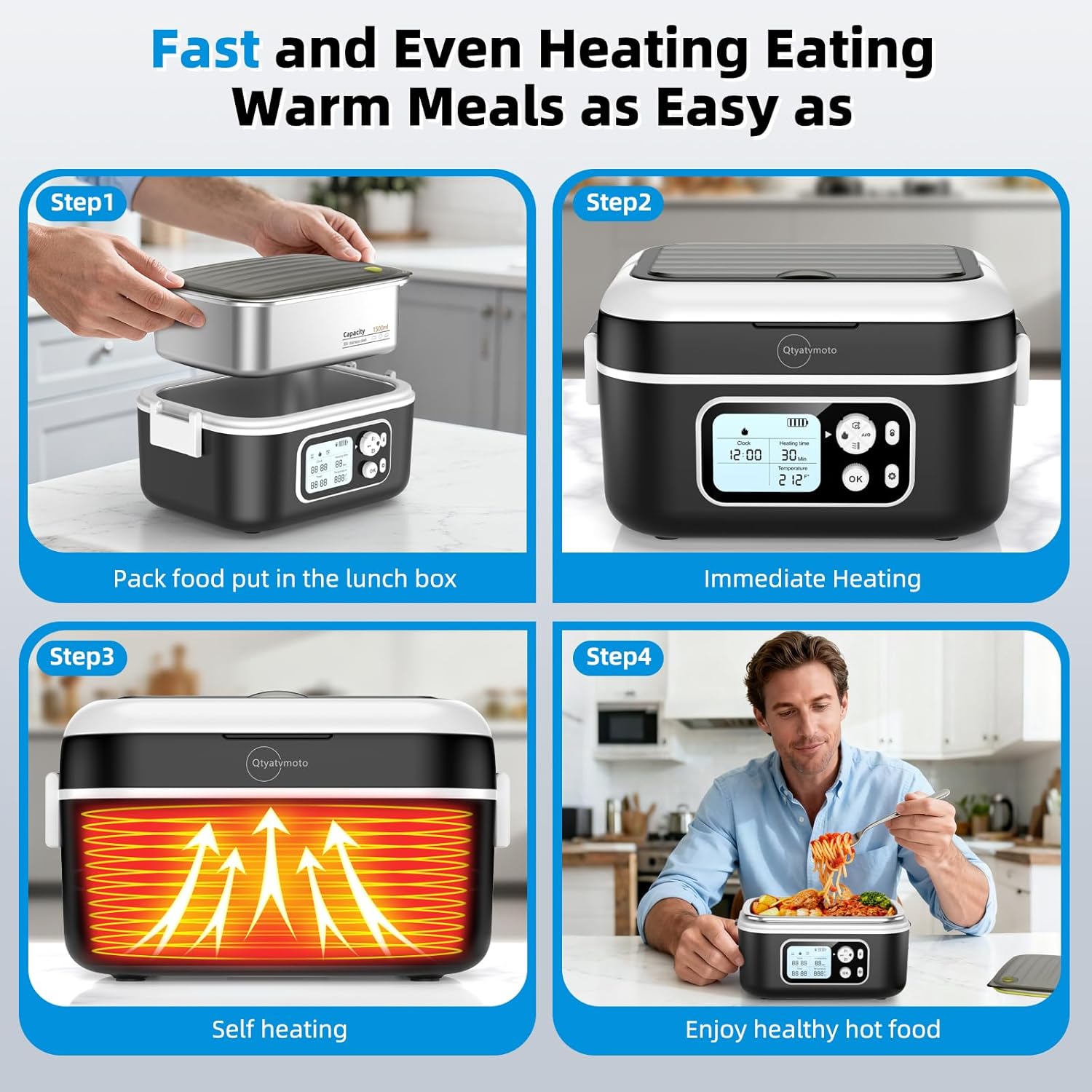 Cordless Electric Lunch Box,1.5L Portable Smart Heated Lunch Box, 100W Wireless Rechargeable Self Heating Food Warmer with Timer&Adjustable Heating for Adults Men Office Travel Outdoor Black XL - Image 5
