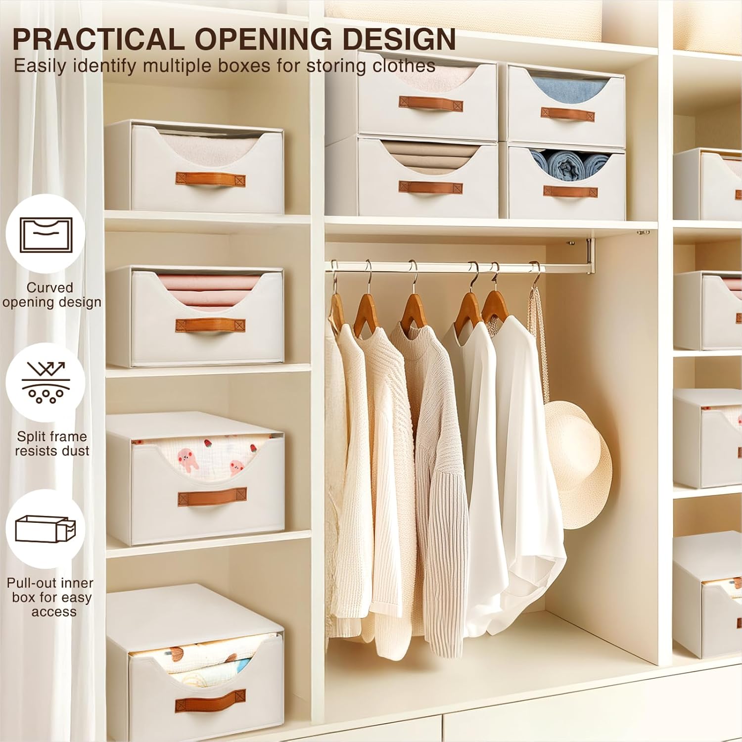 Stackable Storage Drawers - Collapsible Storage Bins with Drawers, 4 Pack Closet Shelf Organizer Basket, Fabric Pull Out Organizer for Bedroom, Living Room, Dorm, Beige - Image 5