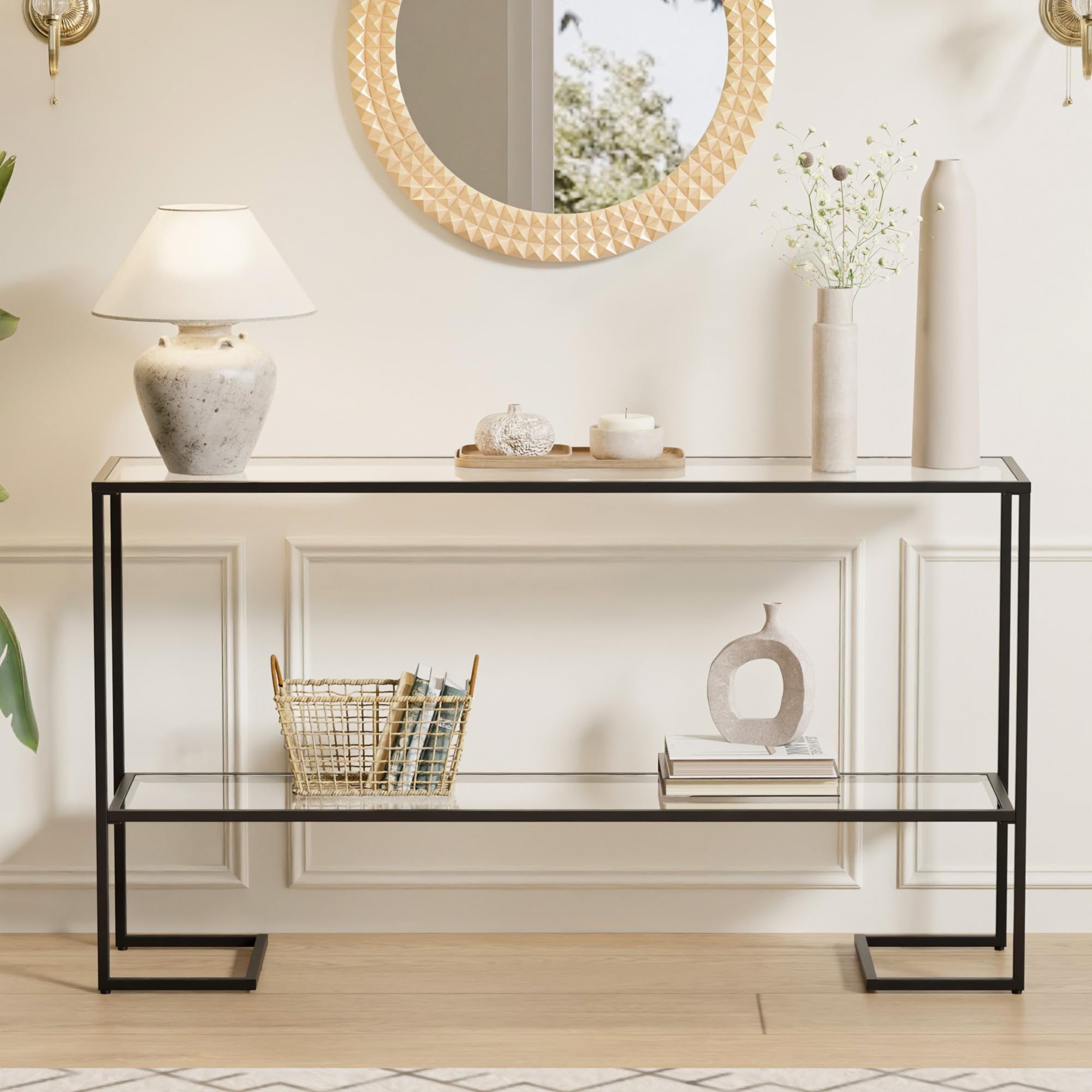 Cozy Castle 52" Entryway Table, 2-Tier Narrow Console Table with Tempered Glass & Sturdy Metal Frame, Modern Sofa Table with Storage Shelves for Entryway, Hallway, Foyer, Living Room, Black
