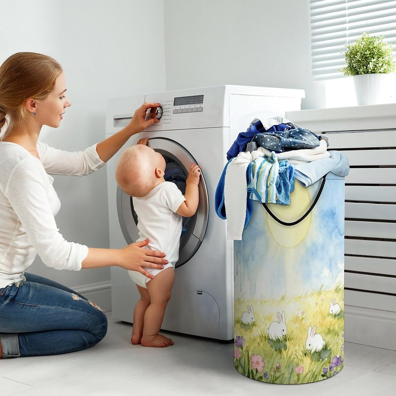 Fun with Flowers And Rabbits Laundry Hamper with Handles Waterproof Collapsible Laundry Basket Large Lightweight Round Dirty Clothes Hamper for Home Dorm Bathroom Decor