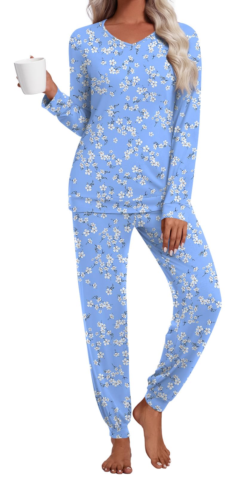 syoss Conjunto de pijama de manga larga para mujer, ropa de dormir con cuello en V, ropa de dormir suave, conjunto de 2 piezas con bolsillos