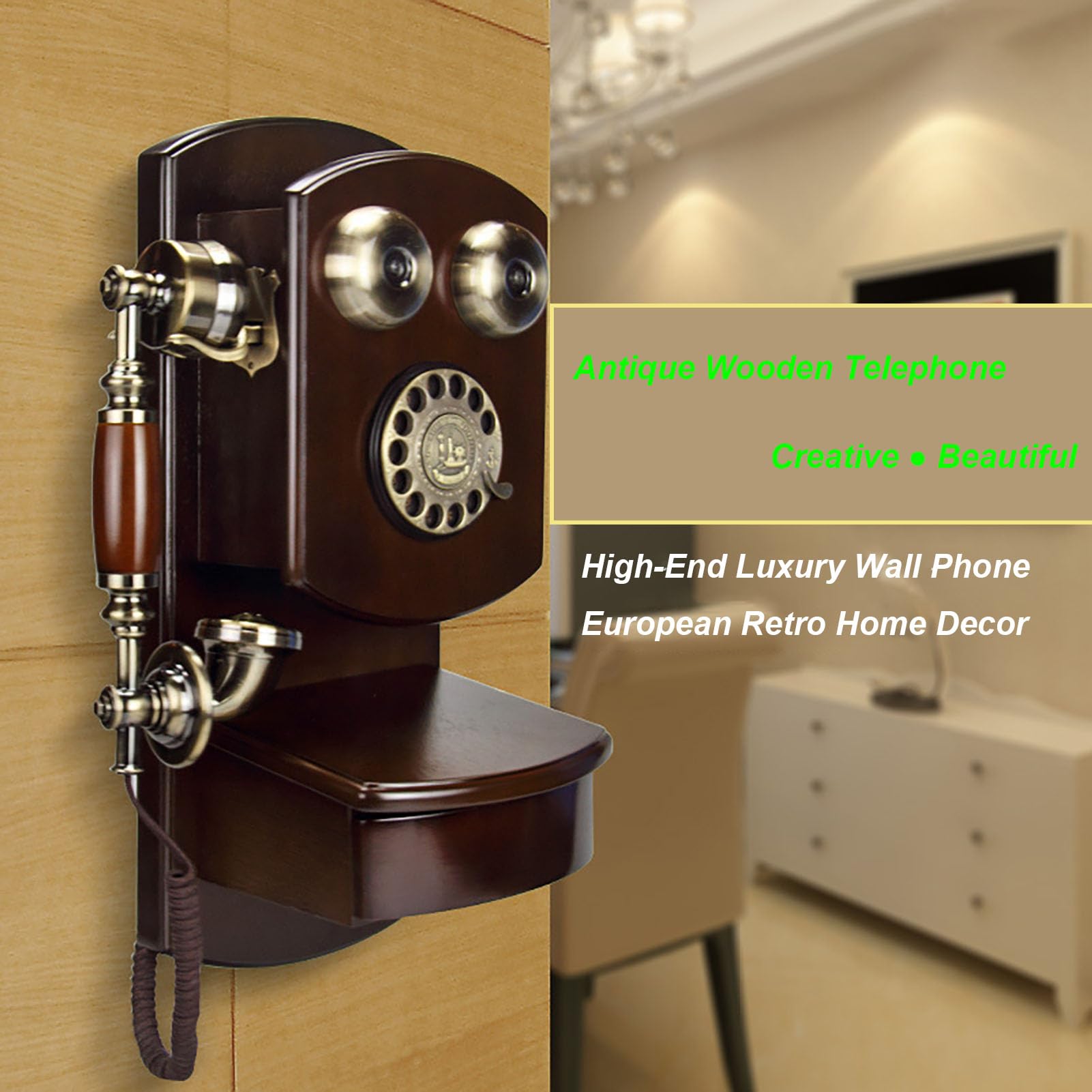 HJMMWT Telefon ścienny, telefon stacjonarny w stylu retro, telefony do wystroju wnętrz w stylu vintage, staromodny przewodowy z klasycznym metalowym dzwonkiem i ukrytymi szufladami do kuchennego biura