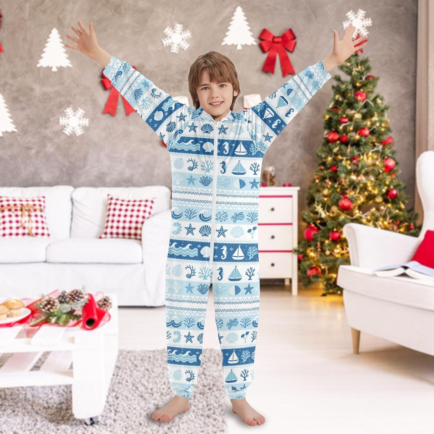 Ocean Blue Seashell Unisex Toddler Kids Pajama Soft Warm Hooded Christmas Costume for Teens Boys Girls pijama de