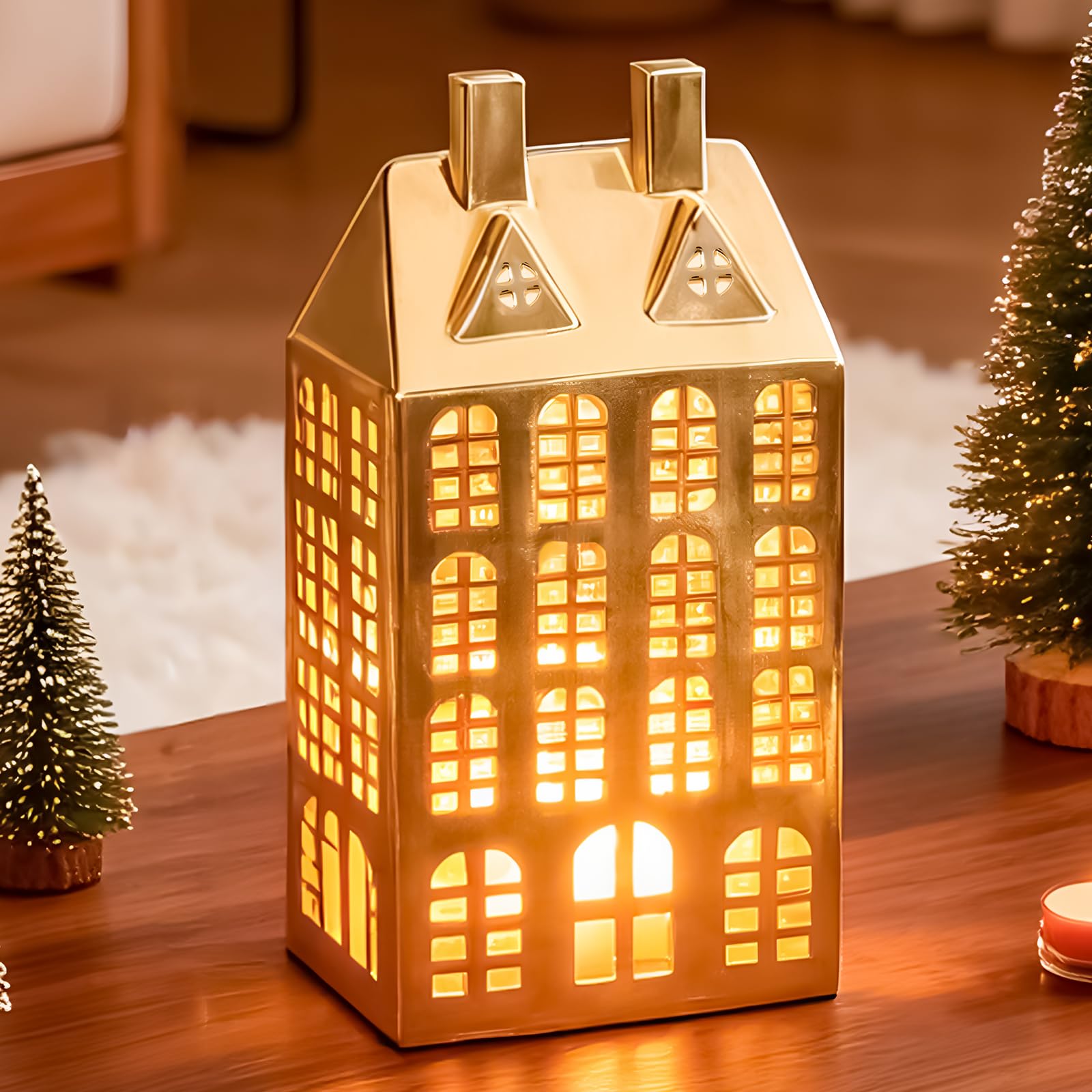 DN DECONATION Weihnachtshaus beleuchtet LED Deko Weihnachten – goldene Weihnachtsdeko Häuser Keramik, Weihnachtsdorf Deko mit Beleuchtung, Lichthäuser Deko für Weihnachtsdekoration innen
