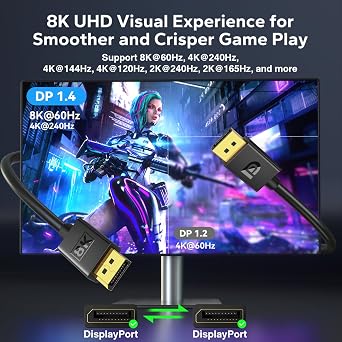 Flexible DisplayPort Cable Version 1.4, Standard DP Cable Supports DP 1.4/1.2, 8K60 4K240/144 2K360/240, HBR3 32.4Gbps HDR HDCP DSC FreeSync G-Sync DLSS for Gaming Monitor, NVIDIA AMD Graphics (3.3ft)