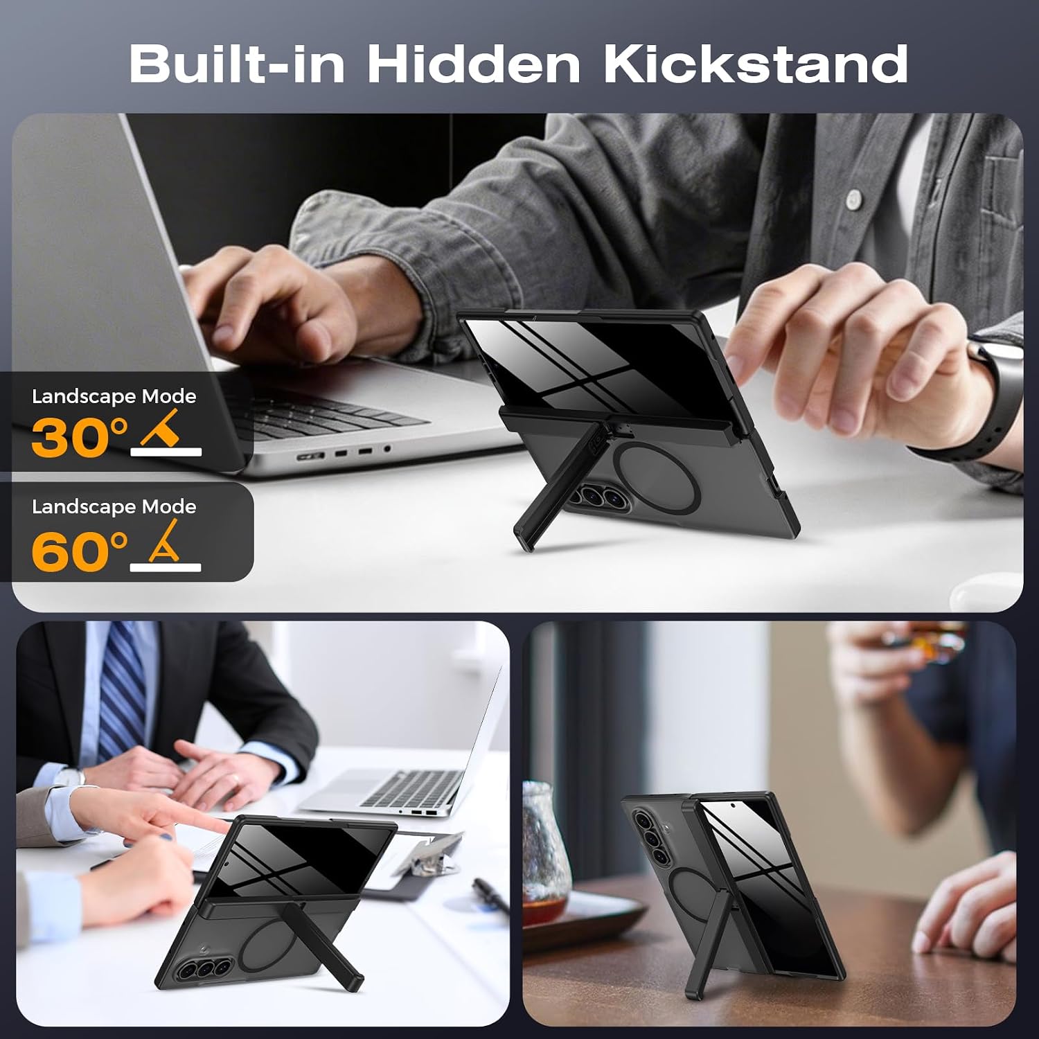 VEGO for Z Fold 6 Case [Compatible with Magsafe][with Hinge Protection & Screen Protector][Anti-Peeping][Hidden Stand] Hard PC Cover Full Body Shockproof Slim Phone Case for Galaxy Fold 6 2024(Black)