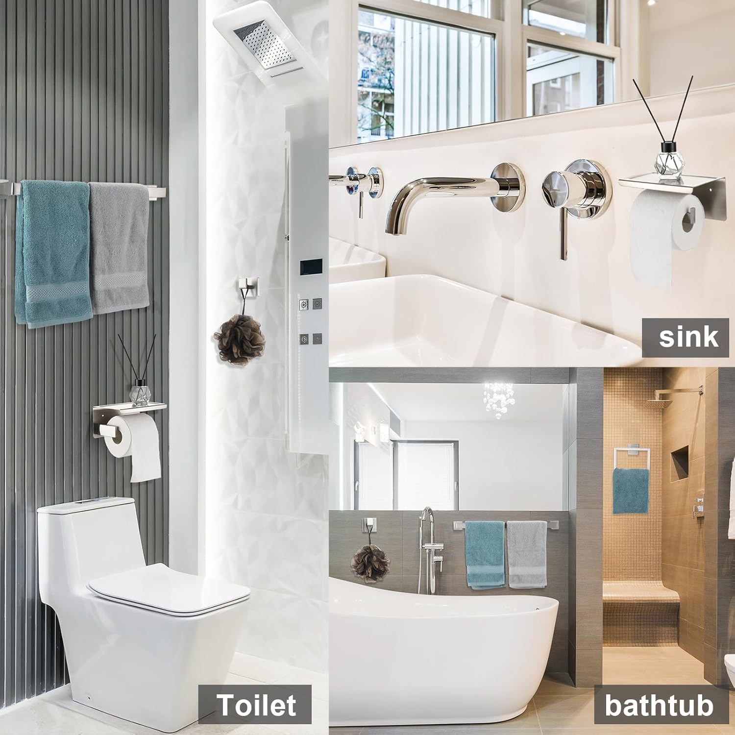 Blulu Bathroom Accessories Set 23.6 Inch Toilet Paper Holder with Phone Shelf Bathroom Hardware Set Towel Ring Robe Hook Stainless Steel Towel Holder Kit Wall Mounted(Silver,10 Pcs)