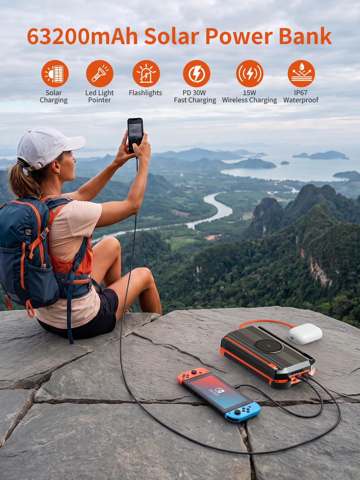 63200mAh Solar Power Bank Ricarica Rapida,15W Ricarica Wireless | 30W PD 3.0 A USB C Powerbank con 2 Cavi, 5 Uscita & 2 Ingresso, Spie luminose a LED, Torcia, Caricatore Portatile