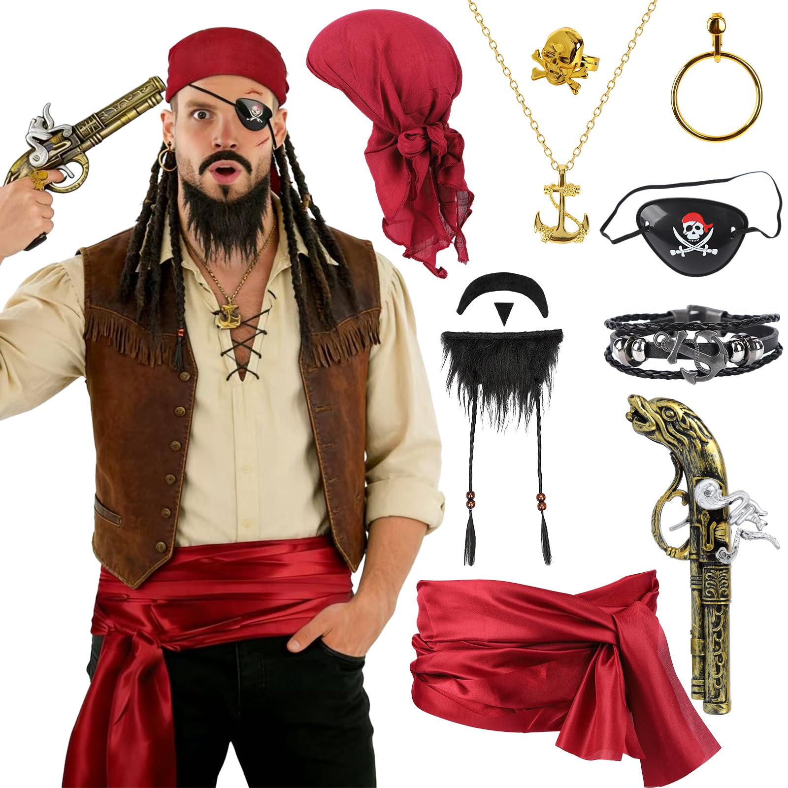 Medieval Pirate Captain Costume Accessory Set for Men and Women Including Bandana, Belt, Necklace, Bracelet and Weapons for Halloween Carnival Cosplay