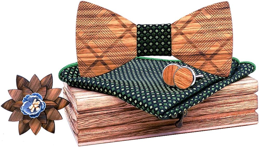 Mens Handmade Solid Wood Bow Tie with Pocket Square and Men's Wooden Cufflinks Lapel Flower Pin Set