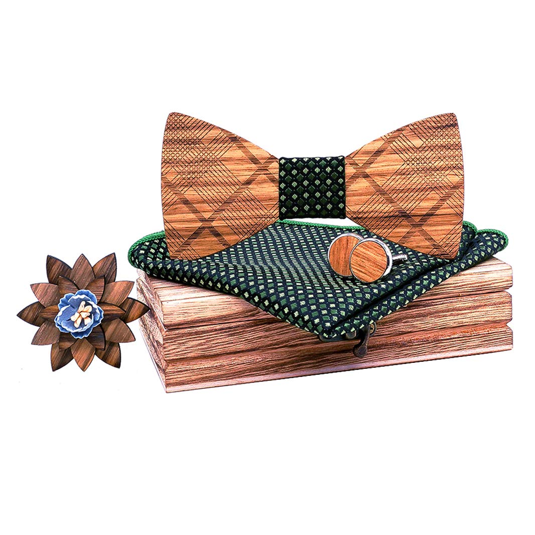 Mens Handmade Solid Wood Bow Tie with Pocket Square and Men's Wooden Cufflinks Lapel Flower Pin Set