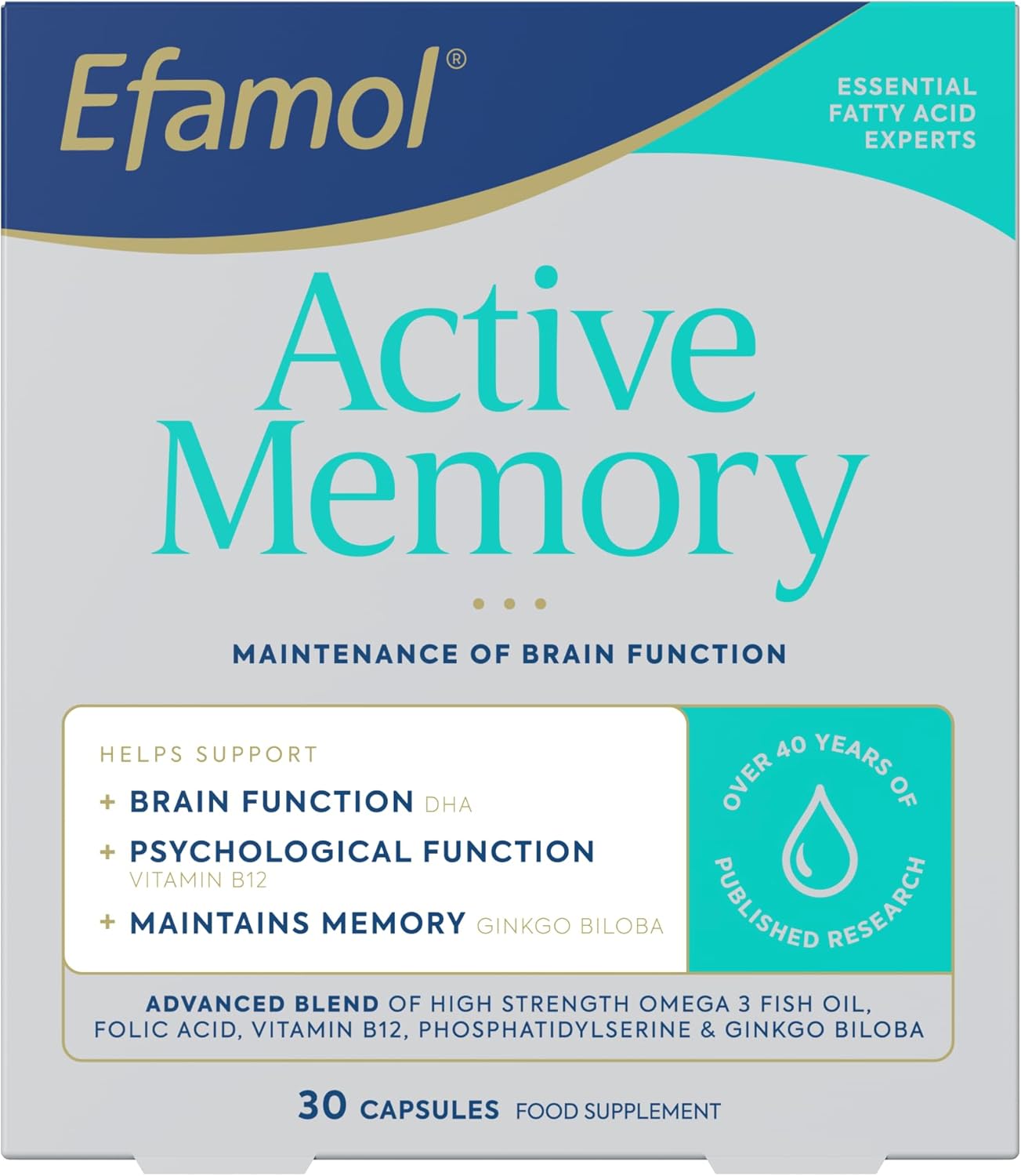Efamol Active Memory – 30 Fish Oil Capsules | Fish Oil Omega 3 Brain Supplement & Gingko Biloba Memory Support Capsules | DHA Supports Normal Brain Function | Cognitive Function Maintenance