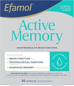 Efamol Active Memory - 30 Fish Oil Capsules | Fish Oil Omega 3 Brain Supplement & Gingko Biloba Memory Support Capsules | DHA Supports Normal Brain Function | Cognitive Function Maintenance