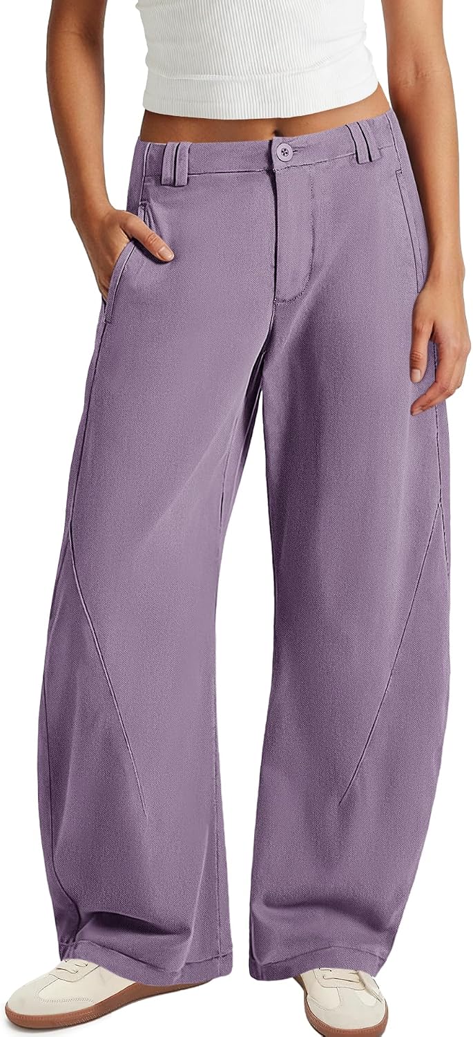 Nirovien Womens Casual Barrel Jeans Wide Leg Chino Pants Baggy Elastic Waist Trousers with Pockets