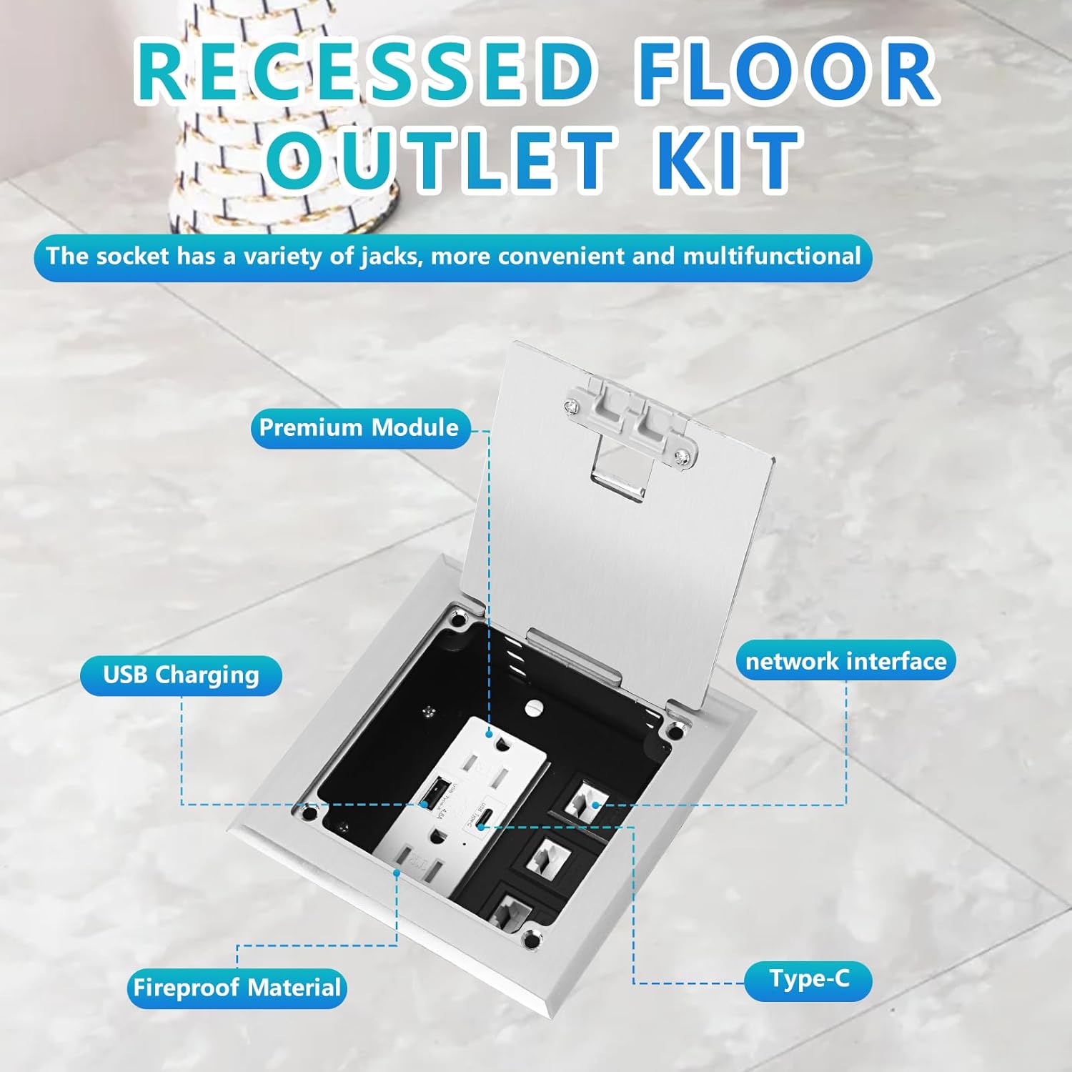 KYHSHJ Recessed Flat Hidden Socket Kit with 2 * 15A Receptacle，4.8A 1 USB-A Ports &1 USB-C Port+3-Port RJ45 Datacom Receptacle.Internal Height Adjustable，Corrosive Resistant Hardware,Silver