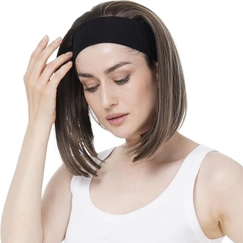 Aimole Short Straight Bob 3/4 Wig with Headband Half Synthetic Wigs Women Hair(8TT124 Brown with Highlights)