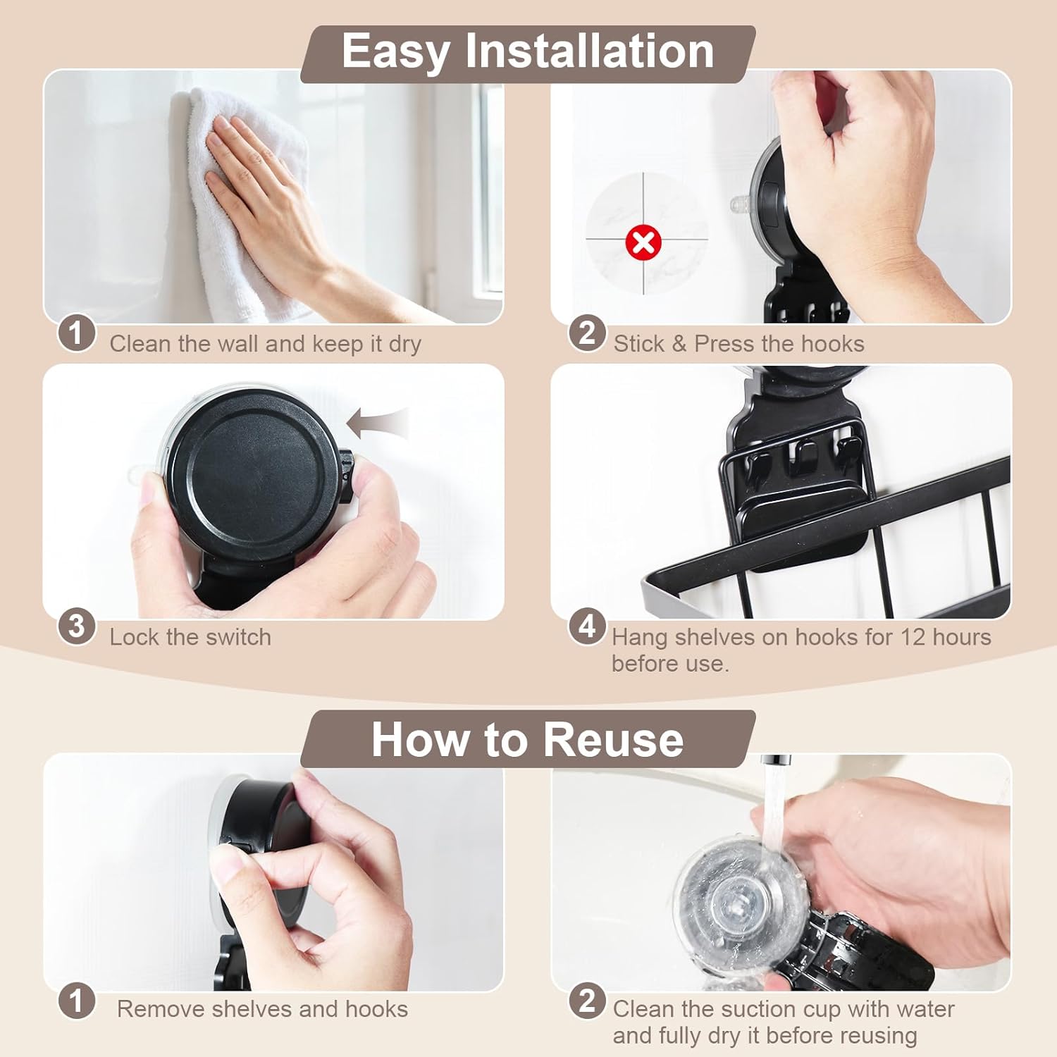 JOTPE Shower Caddy Suction Cup 2 Pack, No Drilling Shower Organizer for Bathroom with Large Capacity, Storage Suction Powerful Max Hold 40 lbs, Waterproof & Removable Bathroom Shelf, Black