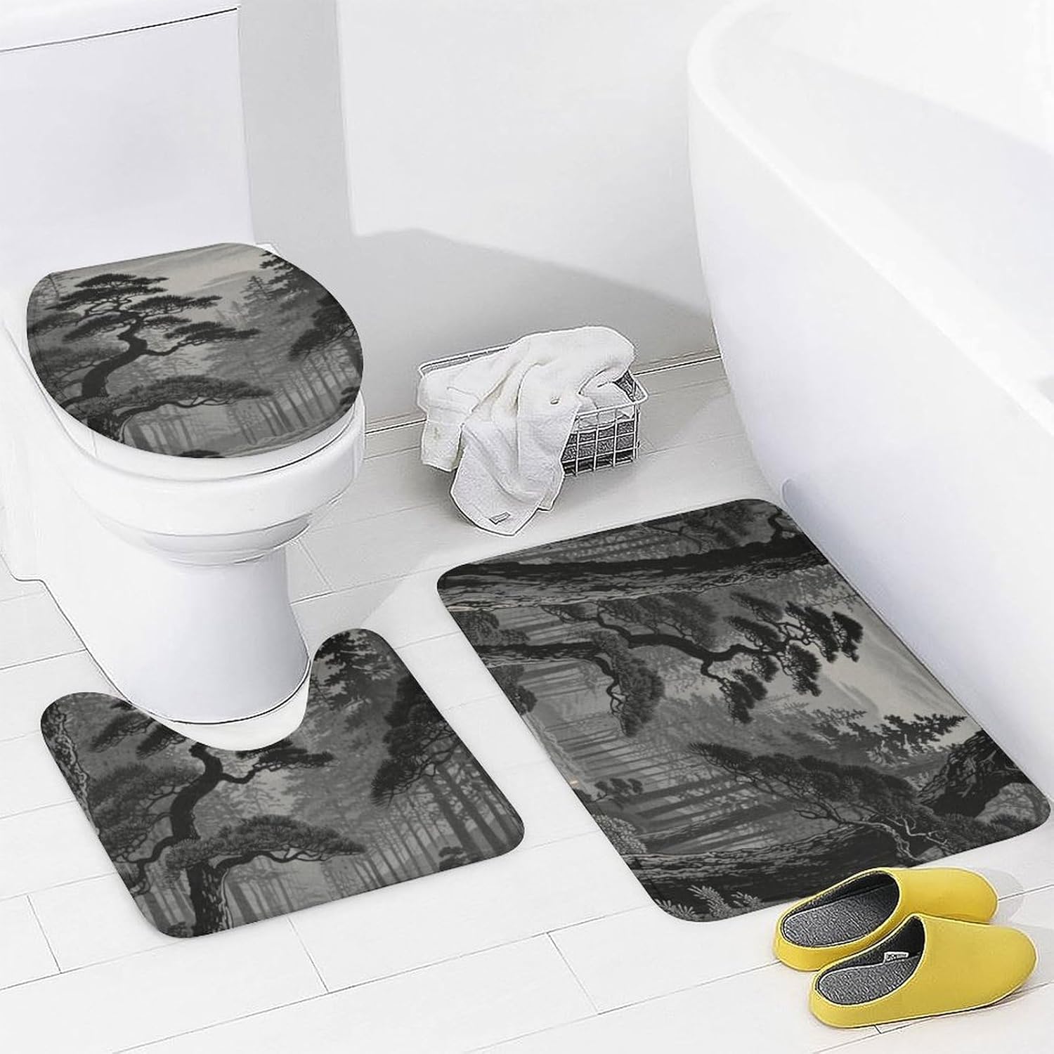 Black Forest Japanese Moon Shower Curtain Set 4 Piece, Non-Slip Bath Mat with Toilet Lid Cover and Waterproof Shower Curtain with 12 Hooks, Complete Bathroom Set for Home Decor
