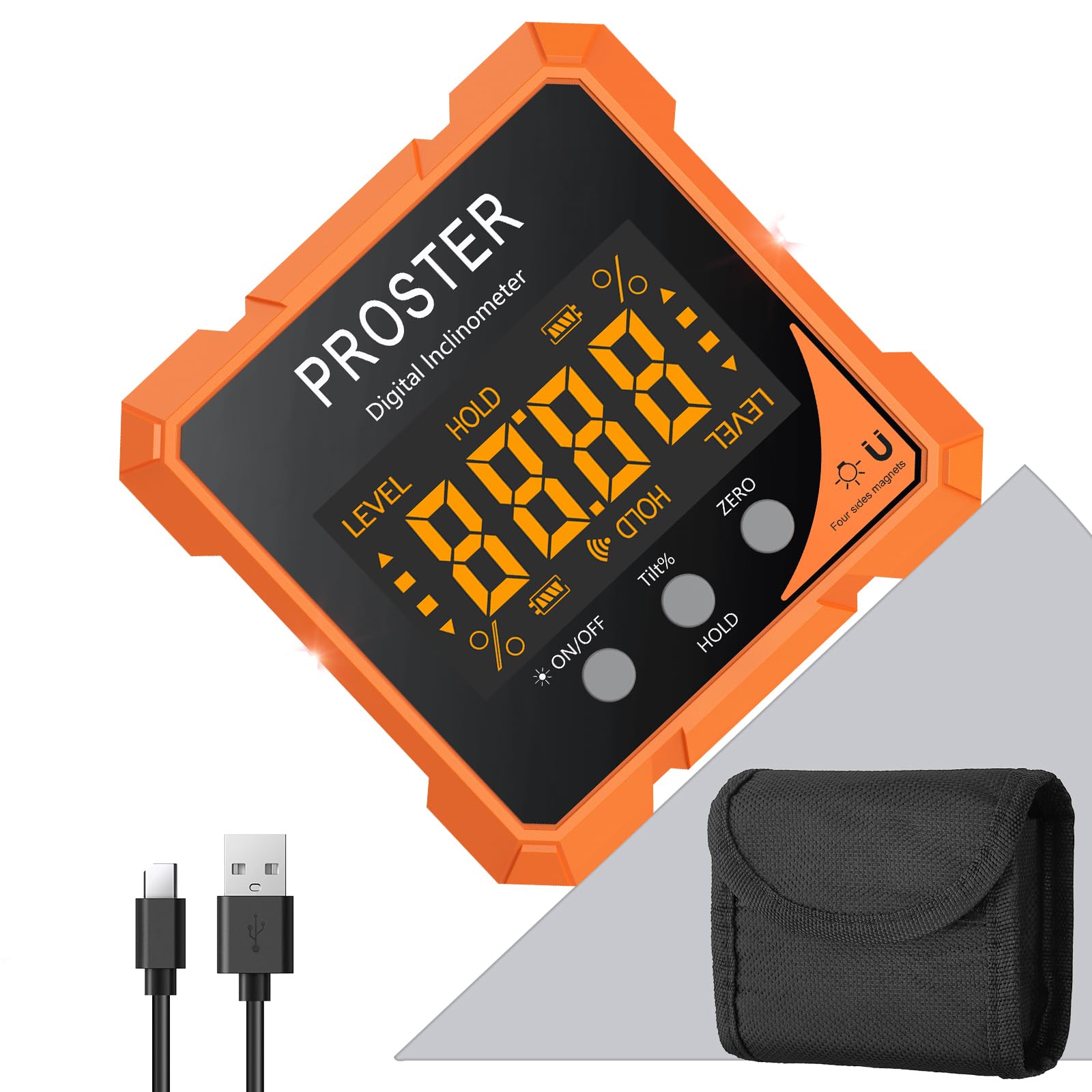 Proster Digital Laser Angle Finder, 4-Side Magnetic Digital Level with Laser, 4x90° Range, +0.1-0.2°Accuracy
