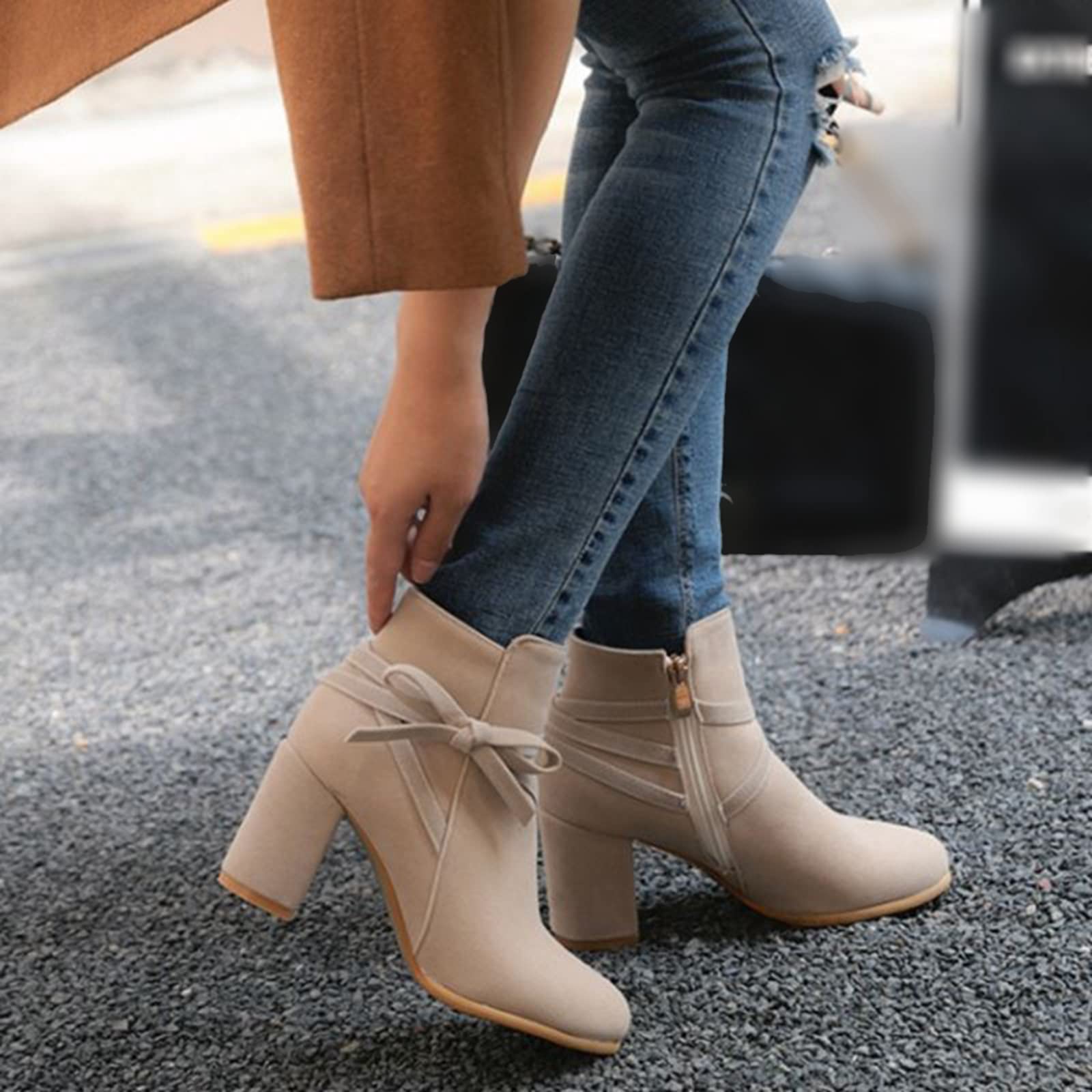 Onewus Damen Stiefeletten mit Blockabsatz und Schleife Reißverschluss