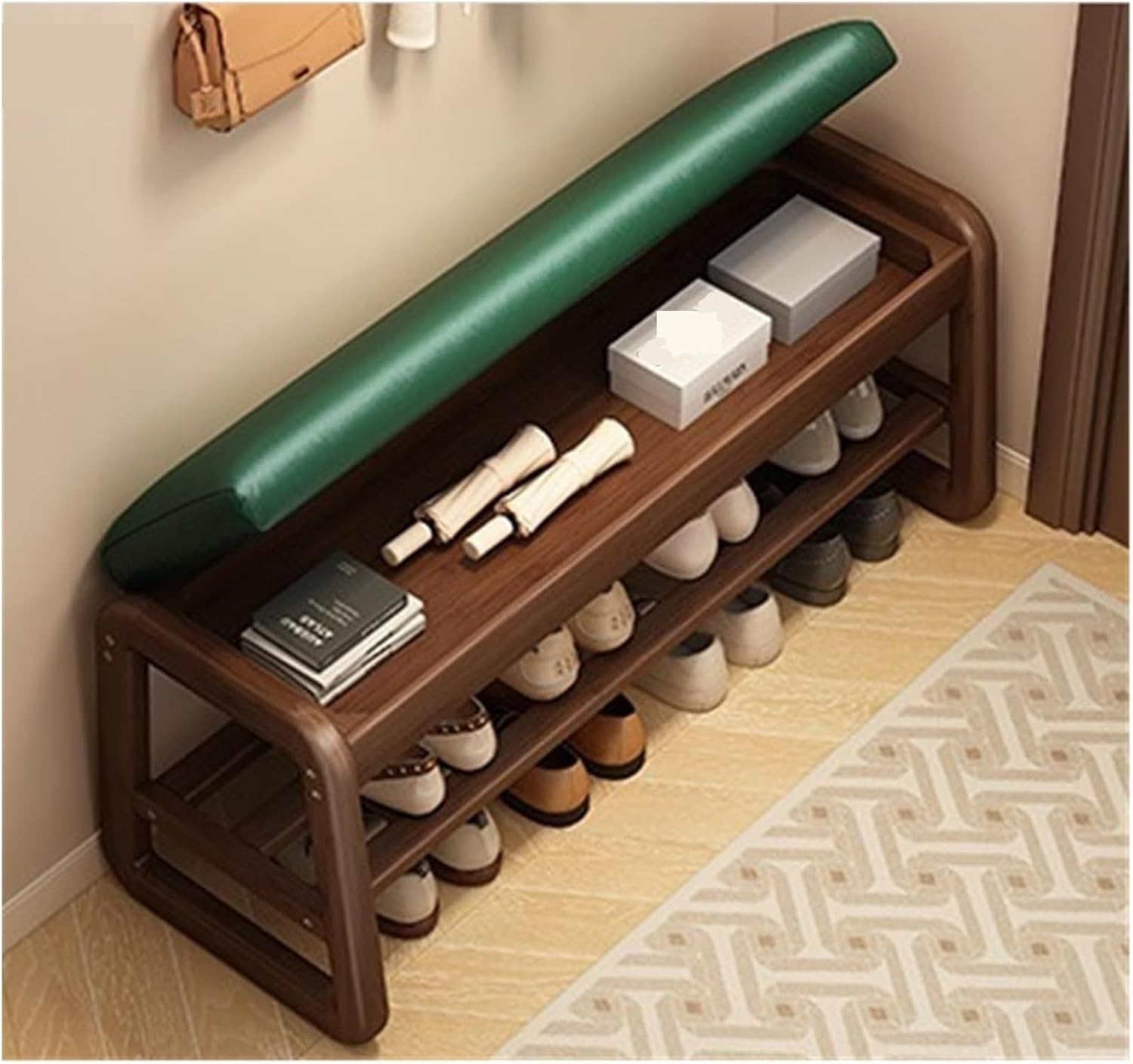 Benches Garden Bench Outdoor Patio Seating Backless Park Chair Lawn Path Slatted Seats,Farmhouse 2-Tier Shoe Storage Bench with Leather Cushion, Stylish Green Shoe Rack for Living Room, Bedr