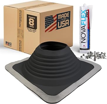 Fasteners Plus #8 Square EPDM Metal Roof Pipe Flashing Boot with Complete Install Kit Made in USA, Fits 6-3/4 - 13-1/2 Pipe OD, Black