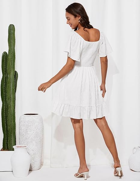GRACE KARIN Vrouwen Zomer Korte Ruche Mouw Jurk Dressy Tie Front Mini