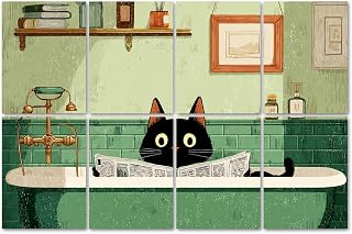 8 Pack Art Acoustic Panels Sound Absorbing Funny Cat Whimsical Black Dark Green Cute Animal Bathtub Newspaper Decorative Soundproof Wall Panels Self Adhesive for Home Recording Studios 48"x32"