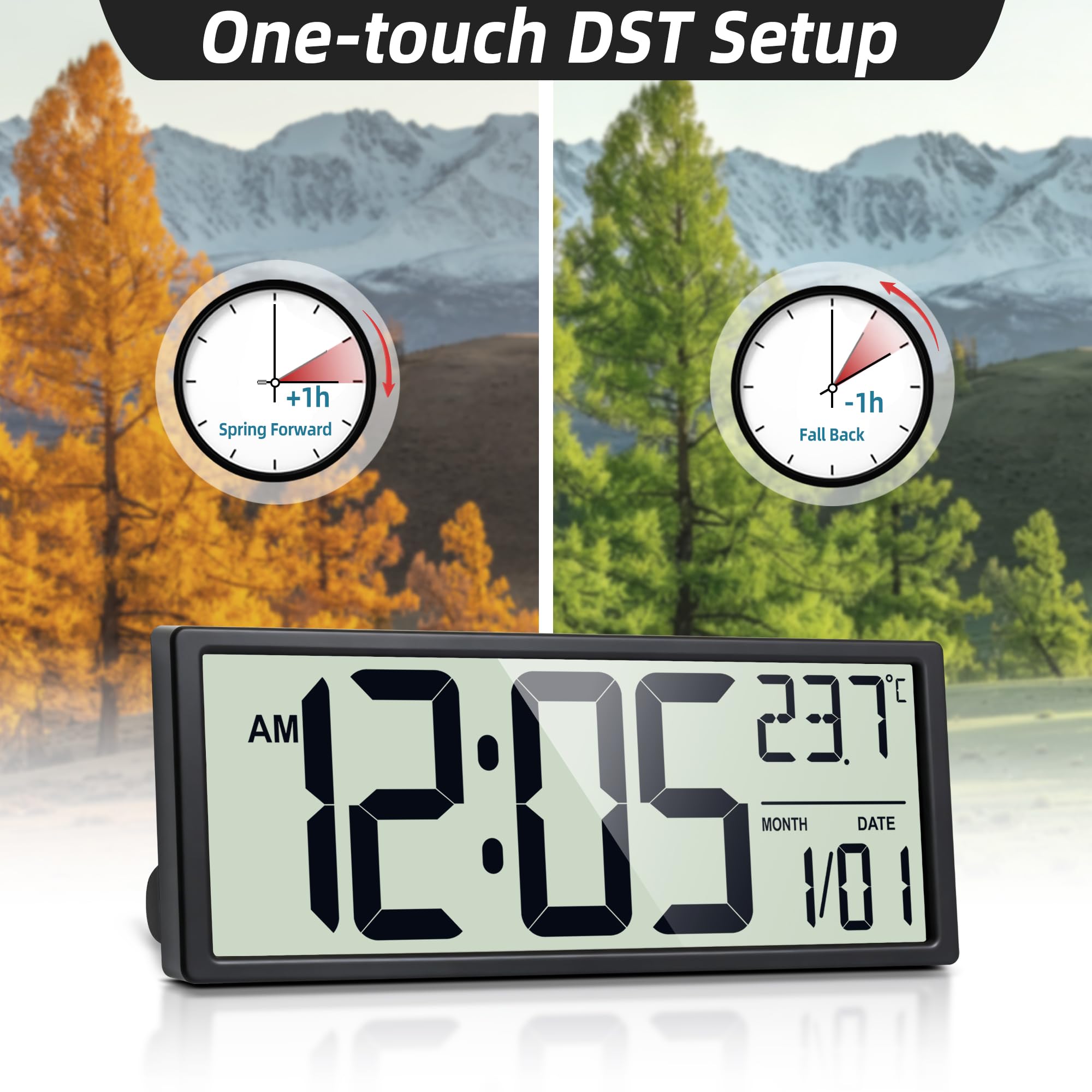 16" Digitale Wanduhr, batteriebetrieben mit großer LCD-Anzeige und großen modernen Ziffern, dekorative Uhr mit Alarm, Datum, Kalender, Temperatur für Senioren, Schlafzimmer, Wohnzimmer, Küche