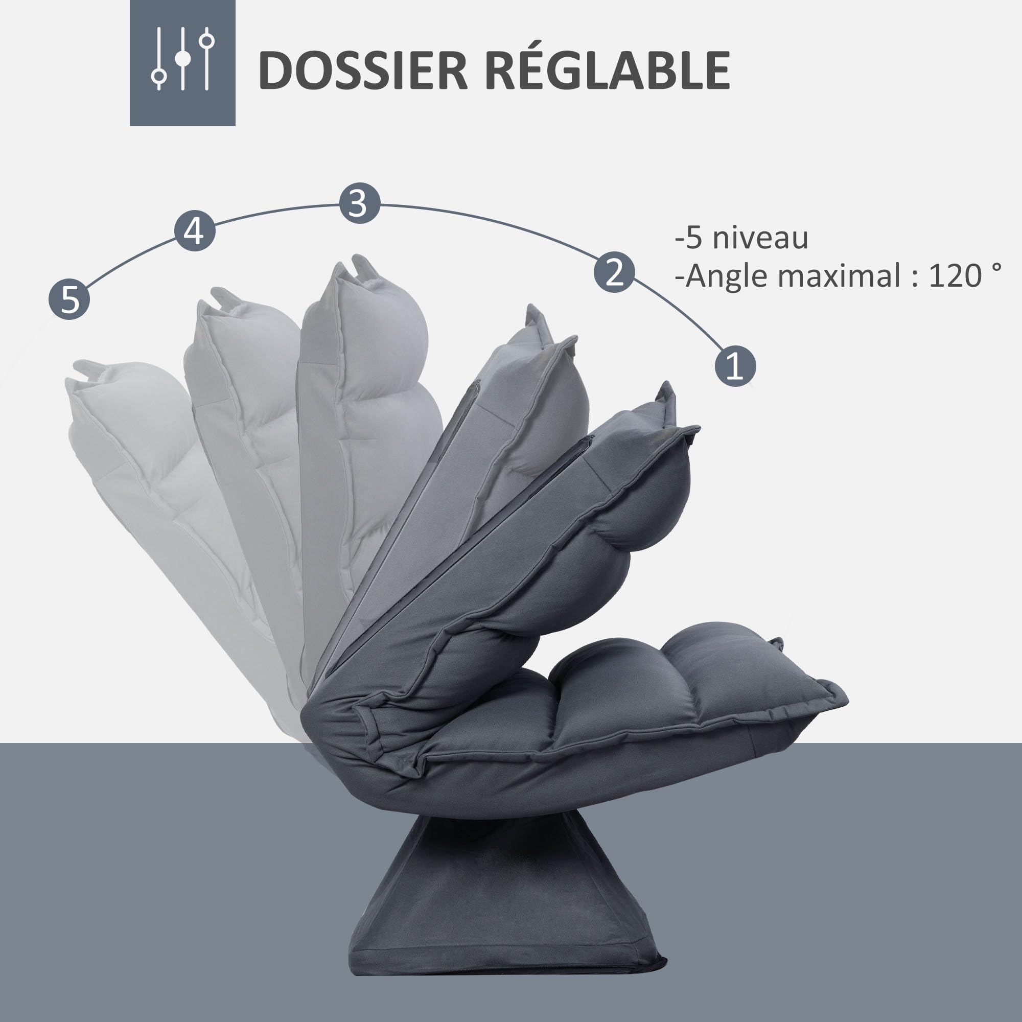 HOMCOM Fauteuil de Sol Paresseux pivotant 360° avec Dossier inclinable Design capitonné - revêtement en Tissu Microfibre Gris foncé