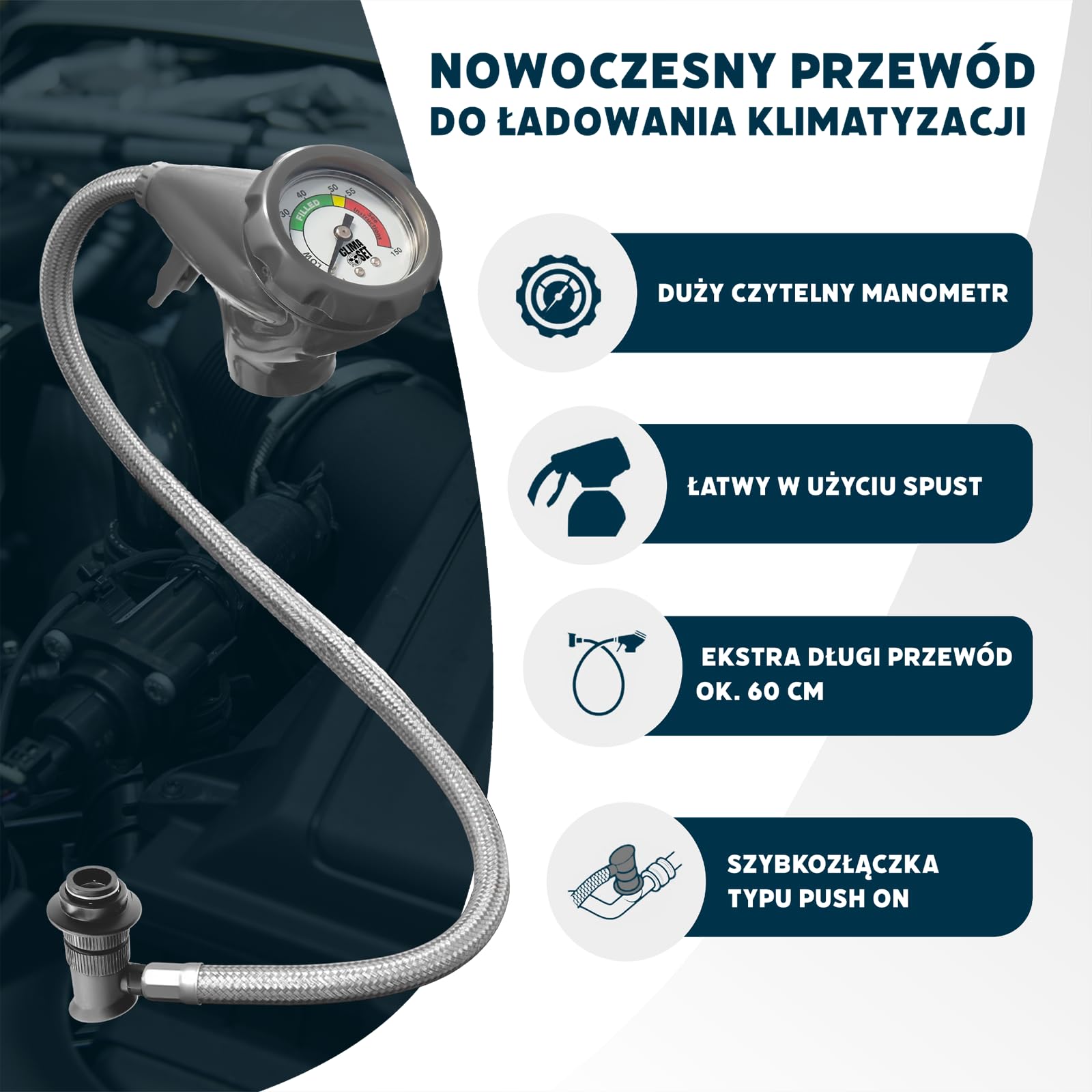 CLIMASET - Zestaw do Napełniania Klimatyzacji Samochodowej - Gaz&Olej R134a + Przewód spustowy - dla Aut 1994–2016, z Wygodnym Nowoczesnym Przewodem z Manometrem