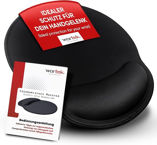 wortek Mauspad mit Gelkissen aus Memoryschaum - 23x26cm - Ergonomisches Mauspad mit Handgelenkauflage - vernähte Kanten - Maus Pad mit Handauflage Mousepad für schonende Haltung – Schwarz - 1